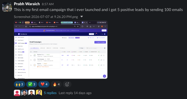 Student result — 5 positive leads from 100 emails